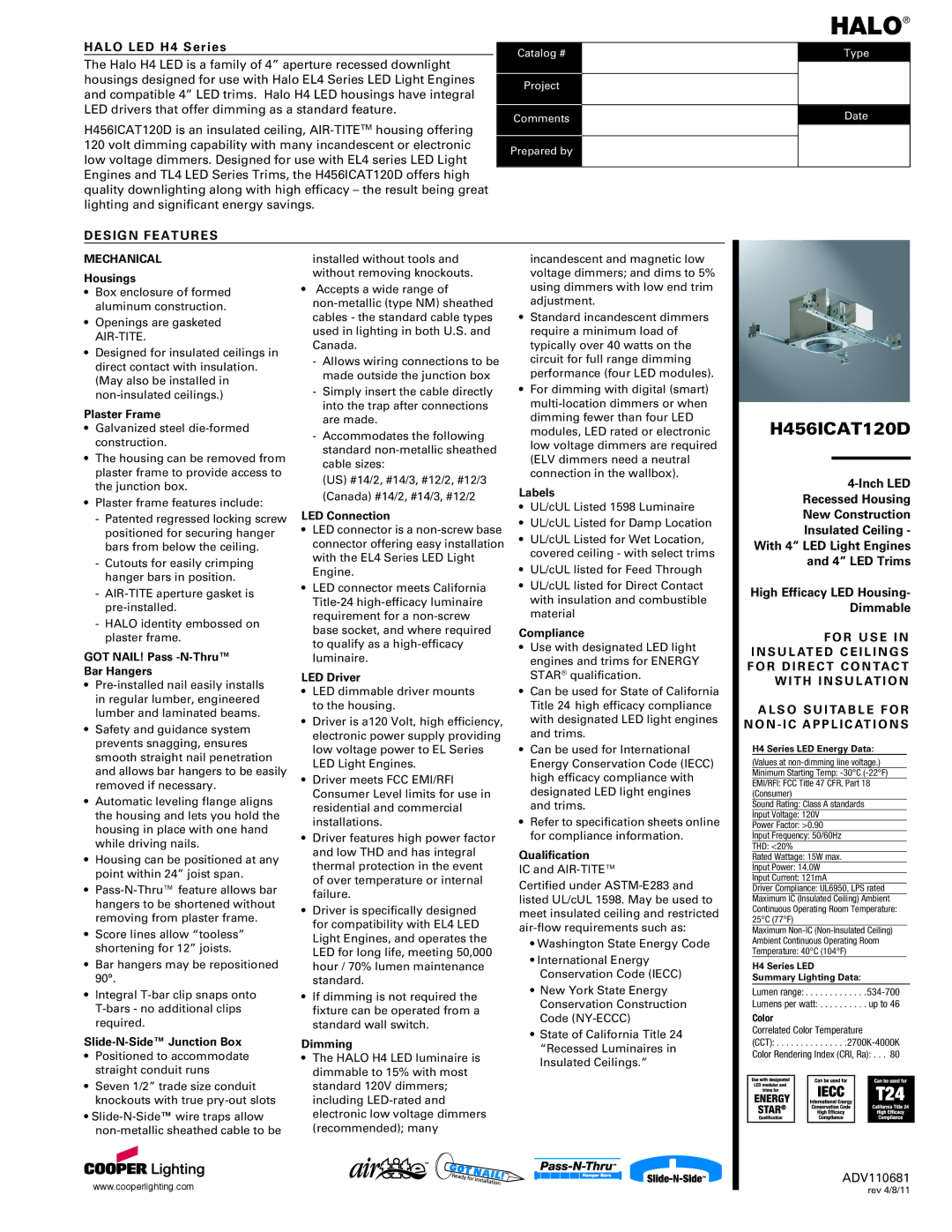 Cooper Lighting H456ICAT120D specifications Halo LED H4 Series 